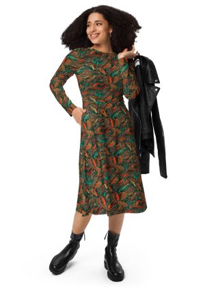Dress: Drunken Paisley design. All-over print long sleeve midi dress
