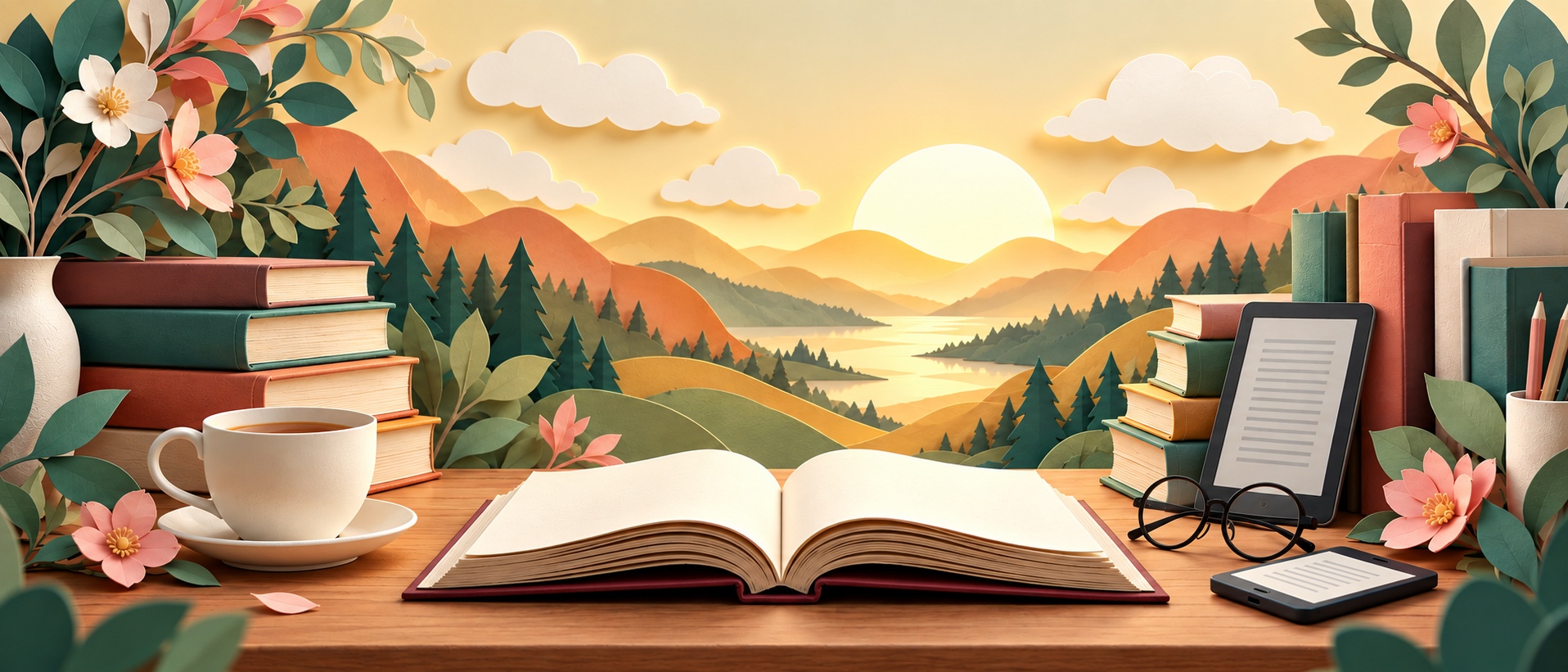 Cozy cut-paper reading scene with books, tea, reading glasses and an e-reader at sunrise