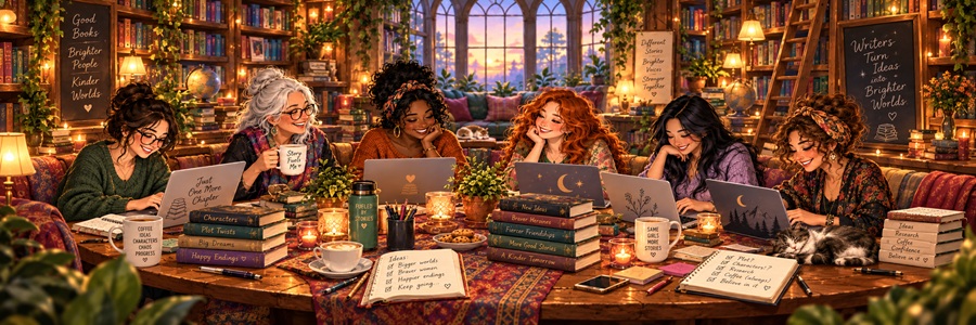 five women in a library chatting with laptops in front of them