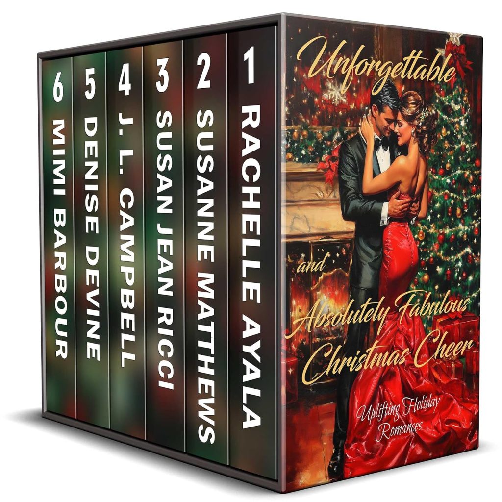 Unforgettable and Absolutely Fabulous Christmas Cheer six-author holiday romance boxed set featuring a couple embracing beside a decorated Christmas tree