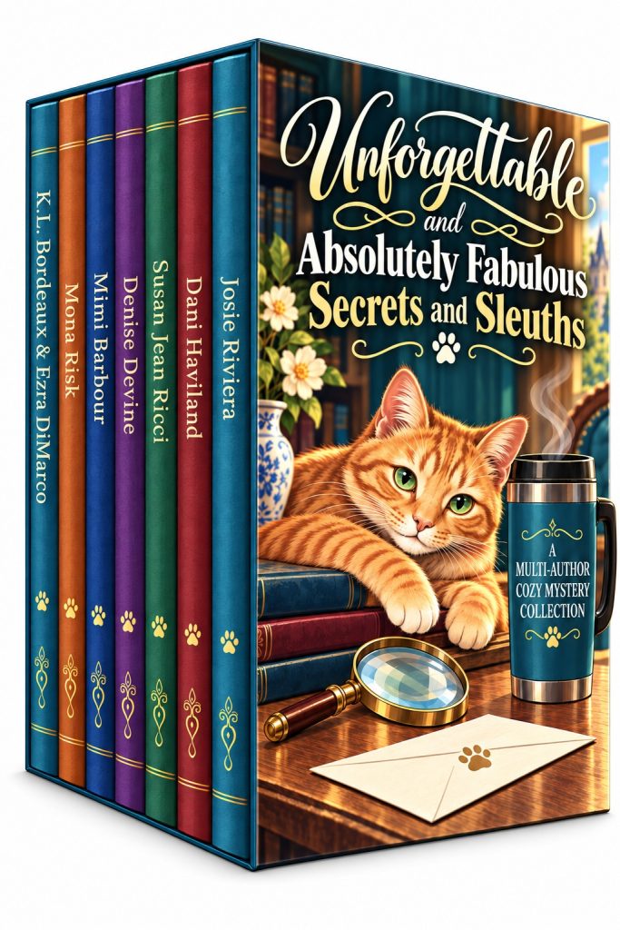 Unforgettable and Absolutely Fabulous Secrets and Sleuths cozy mystery boxed set featuring an orange tabby cat, books, a magnifying glass, and a steaming coffee mug