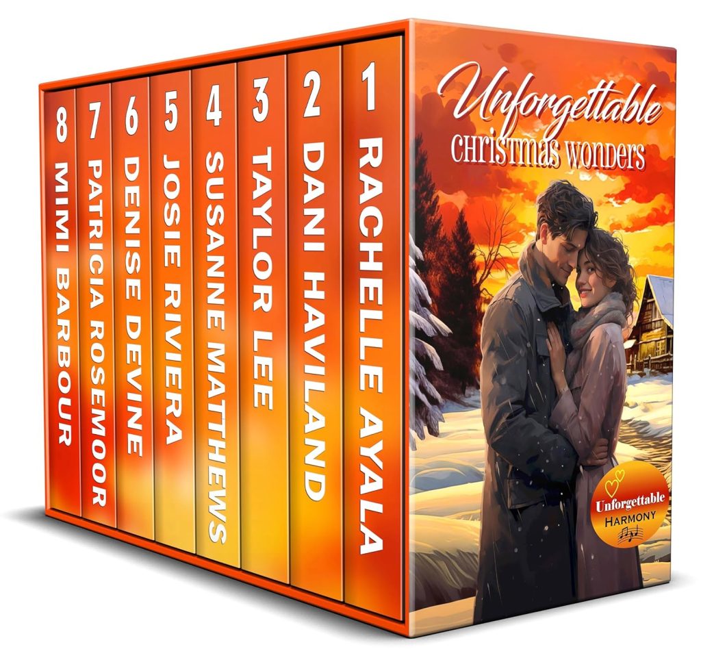 Unforgettable Christmas Wonders eight-author holiday romance boxed set featuring a couple embracing in a snowy village beneath a golden sunset