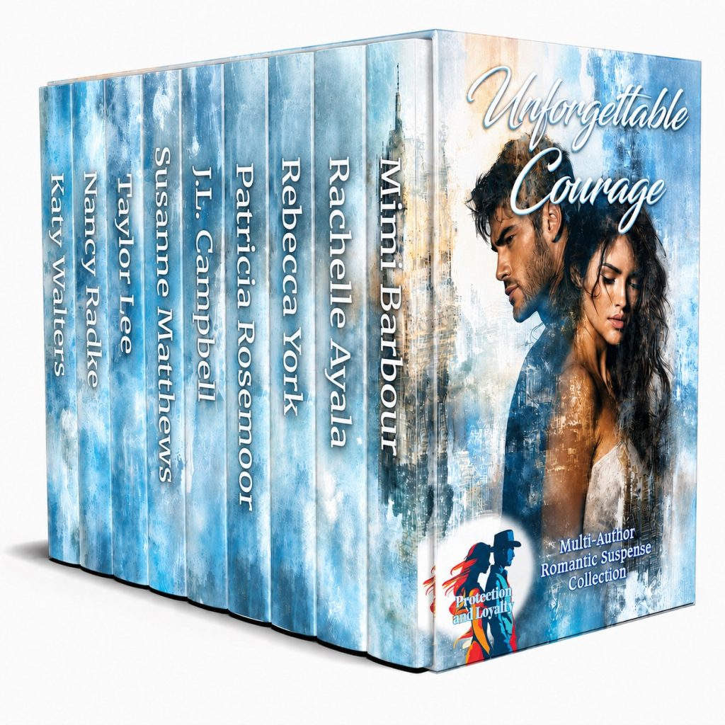 Unforgettable Courage multi-author romantic suspense boxed set with icy blue artwork and a couple on the front cover