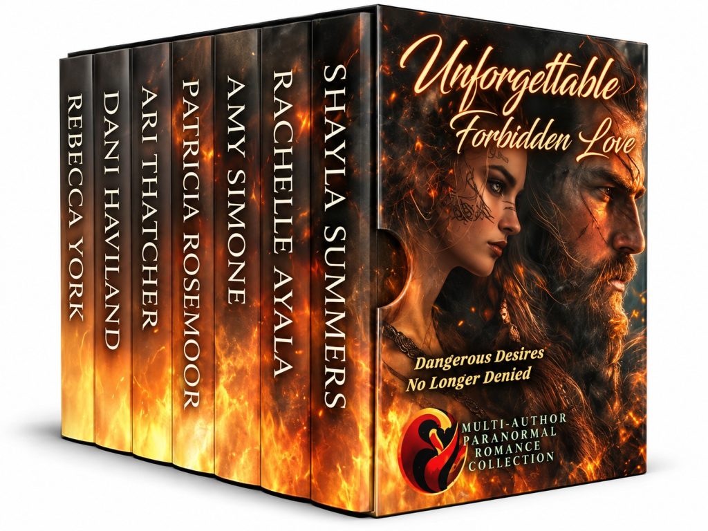 Unforgettable Forbidden Love seven-author paranormal romance boxed set featuring a mysterious couple against a dark, fiery background