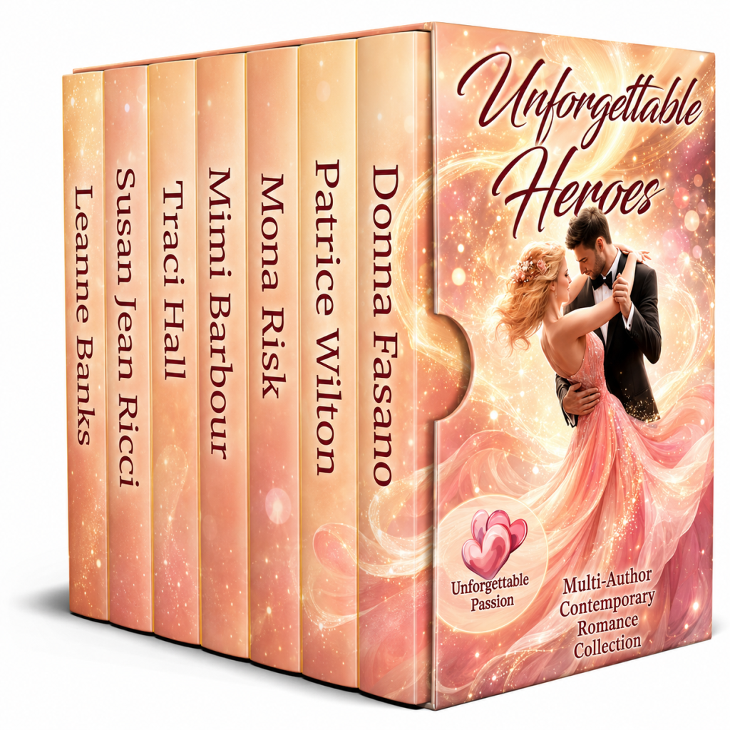 Unforgettable Heroes six-author contemporary romance boxed set featuring an embracing couple and warm peach-and-gold artwork