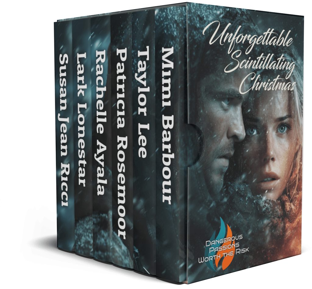 Unforgettable Scintillating Christmas romantic suspense boxed set featuring a mysterious couple against a dark, snowy winter backdrop