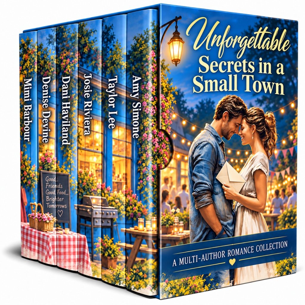 3D boxed set cover for Unforgettable Secrets in a Small Town, 6 author romance box set with couple beneath glowing lights in a charming village.