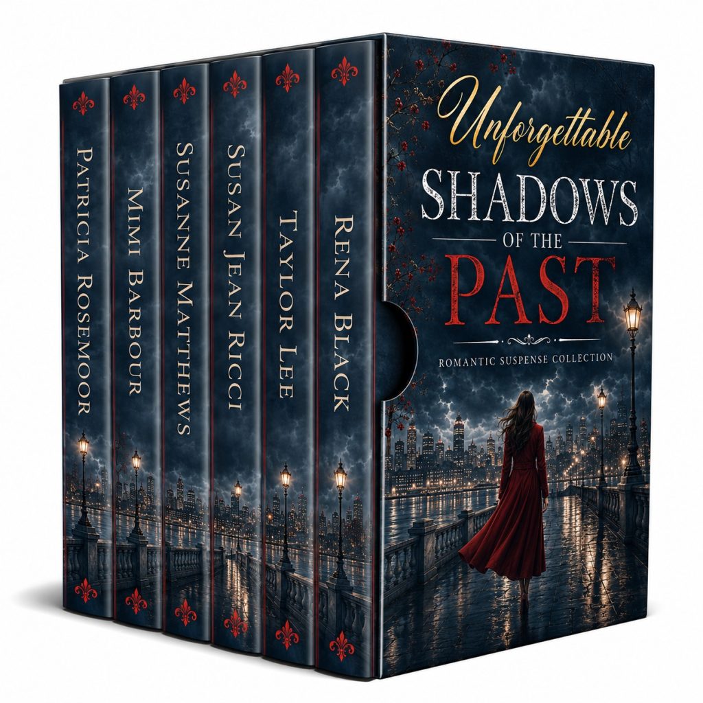 Unforgettable Shadows of the Past six-author romantic suspense boxed set with a woman in a red coat against a stormy city backdrop