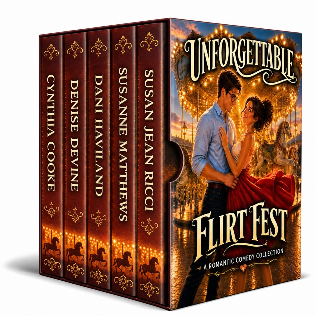 Unforgettable Flirt Fest five-author romantic comedy boxed set with a couple embracing beside a glowing carousel